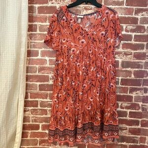 Floral V-Neck Short Sleeve Dress in Rust